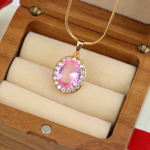 "Oval Pink Pendant with Crystal Accents in Rose Gold-Plated Setting, XPPT1620 - Picture 2 of 13